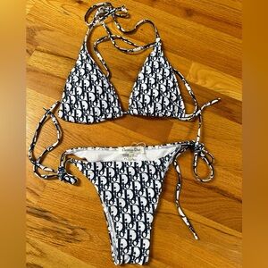 Dior Logo White & Black Logo Tie Triangle Bikini